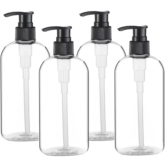 Empty Plastic Pump Bottles Dispenser 4 Pack 16Oz/500Ml Portable Clear Bpa-Free Cylinder Shampoo Lotion Hand Pump Bottle Durable Refillable Containers for Massage Oil, Liquid Soap