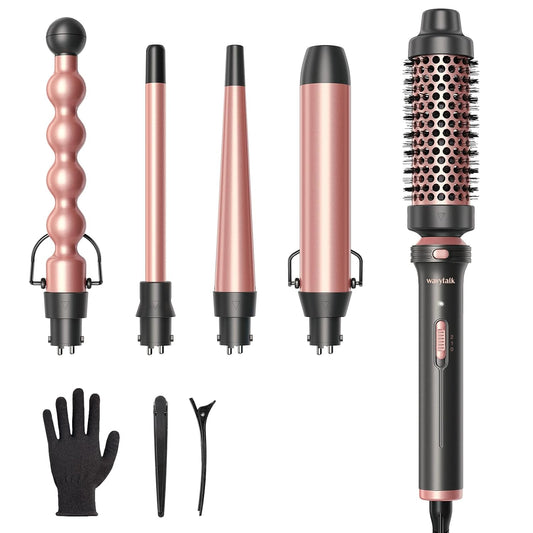 5 in 1 Curling Wand Set, Multi Curl, Curling Wand Set with Curling Brush and 4 Interchangeable Ceramic Curling Wand(0.5”-1.25”), Instant Heat up Wand Curling Iron (Rose Gold)