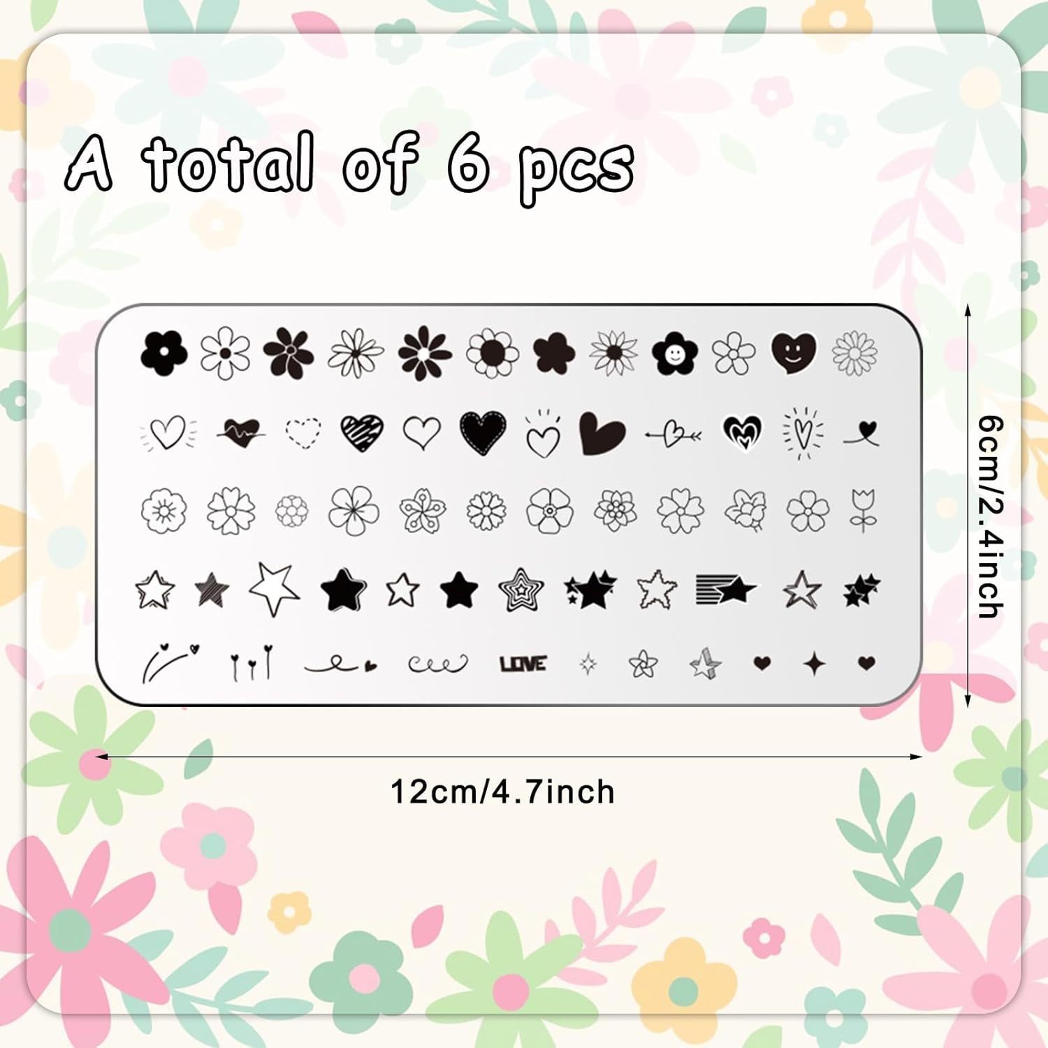 6Pcs Preppy Nail Plates Stamping Set Heart Flower Butterfly Star Smiling Stamp Templates Groovy Nail Art Plates for DIY Print Manicure Salon Design Gift