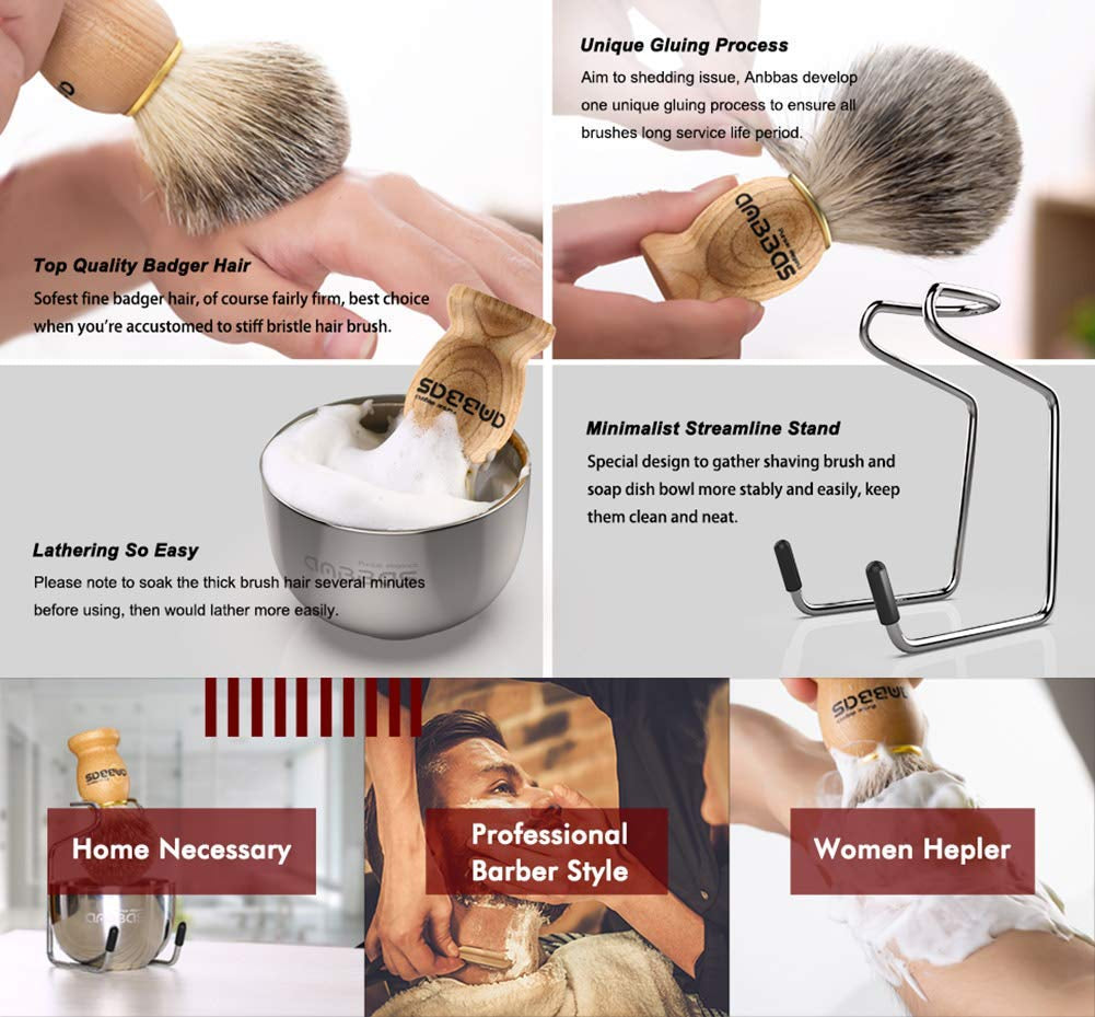 Pure Badger Hair Shaving Brush Solid Wood Handle with Goat Milk Shaving Soap 100G,Stainless Steel Shaving Stand and 2 Layers Shaving Bowl Kit Perfect for Men Gift