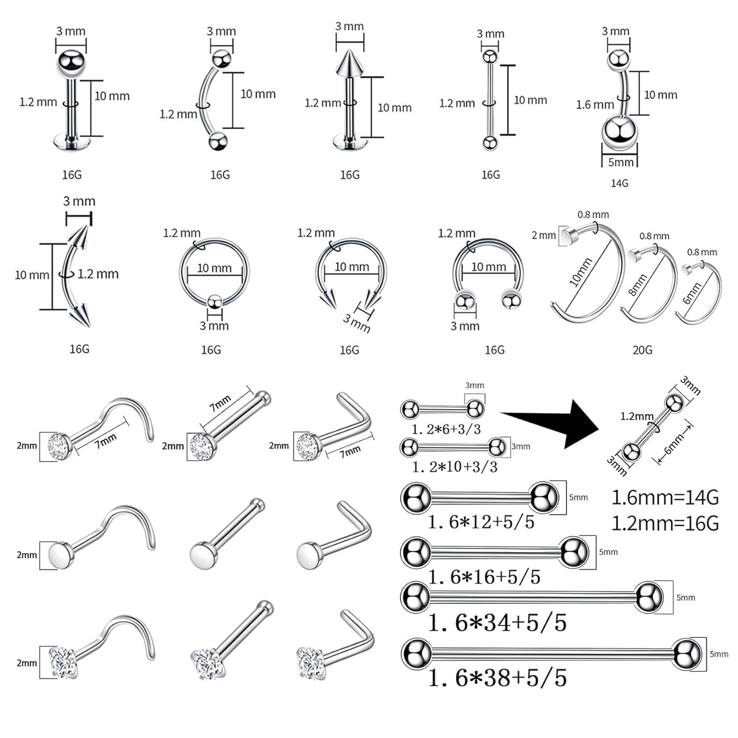 80PCS Nose Piercing Kit for All Body Piercings Stainless Steel Piercing Jewelry with 12G 14G 16G 20G Piercing Needles for Ear Cartilage Tragus Nose Septum Lip Eyebrow