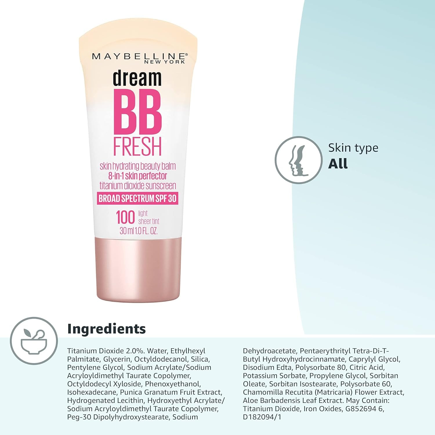 Dream Fresh Skin Hydrating BB Cream, 8-In-1 Skin Perfecting Beauty Balm with Broad Spectrum SPF 30, Sheer Tint Coverage, Oil-Free, Light, 1 Fl Oz