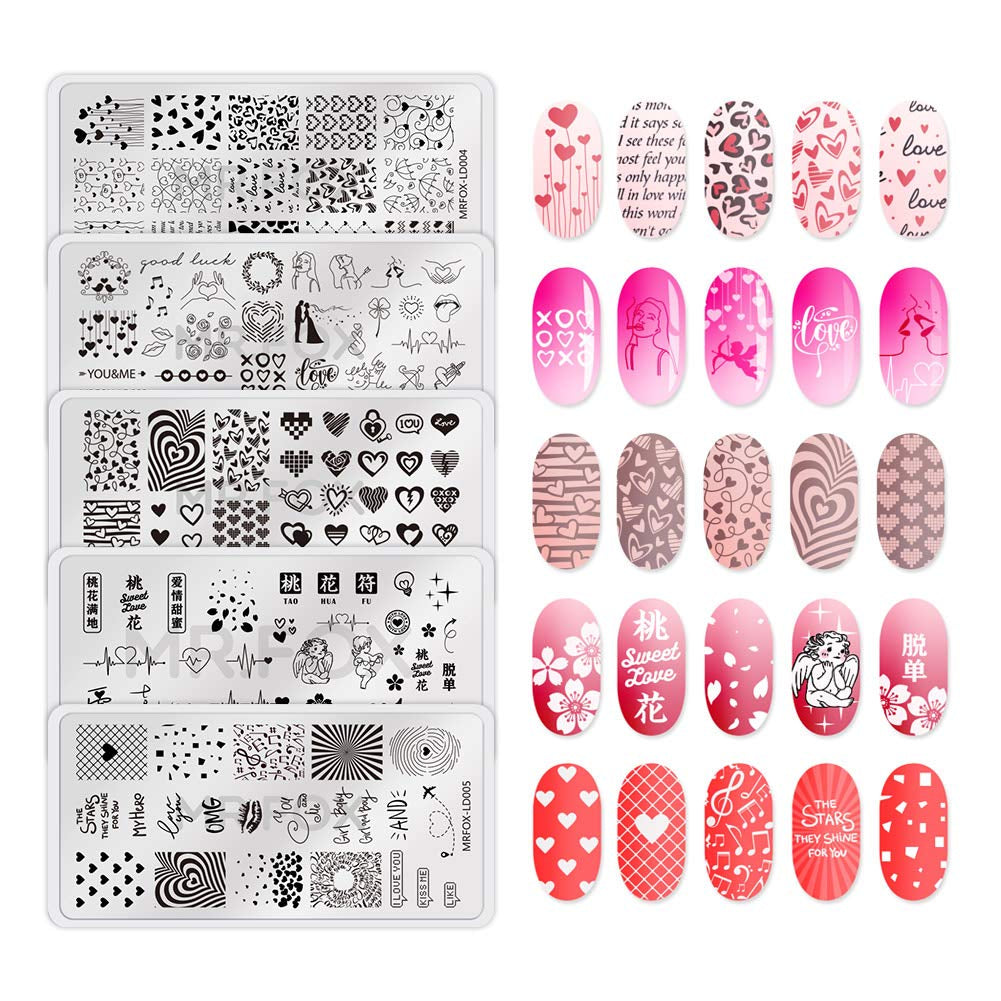 MRFOX 5 Pcs Nail Plates Stamping Set Marbled Punk Spider Web Heart Star Theme Leaf Nail Art DIY Stamping Template