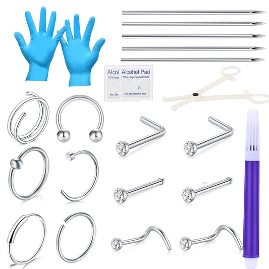 22PCS Nose Piercing Kit, Piercing Needles with 18G 20G CZ Nose Screw Studs Double Nose Rings Hoop Captive Nose Rings Stainless Steel Jewelry for Nose Septum Piercing Needles Kit