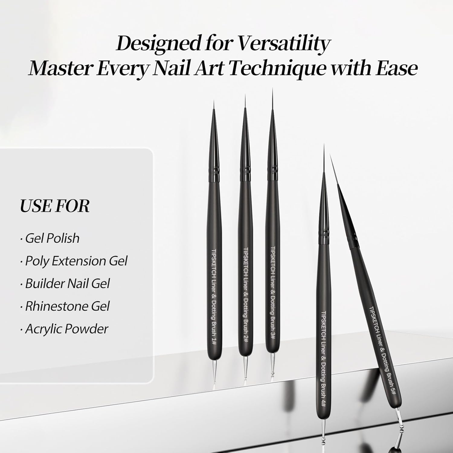 Nail Art Liner Brushes 5Pcs Dotting Pen Tools Nail Art Brushes Thin Liner Set(4/8/12/15/20 Mm) for Long Lines, Thin Details Gel Polish Nail Paintings Double-End Nail Art Tools