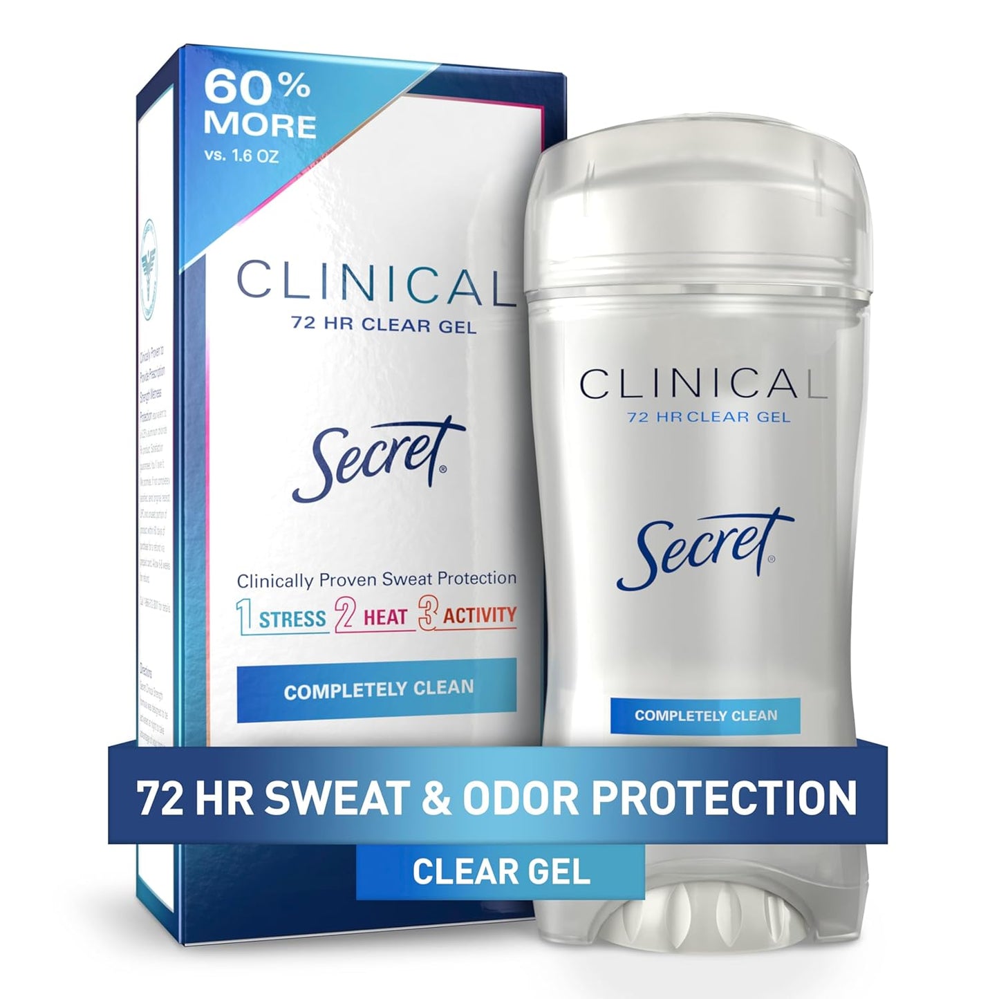 Clinical Strength Antiperspirant Deodorant for Women, 3X Stress Protection, 72Hr Sweat & Odor Protection, PH Balancing Minerals, Clear Gel, Completely Clean Scent, 2.6 Oz