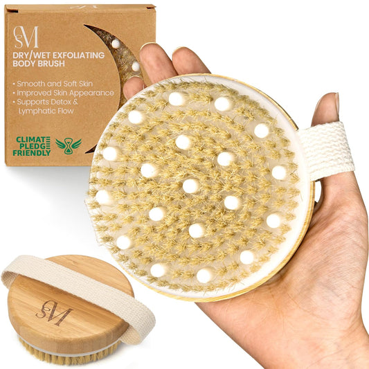 CSM Dry Body Brush - Natural Bristle Exfoliating Brush for Skin Renewal, Lymphatic Support and Circulation Boost - Sustainable Choice Dry Brushing Tool for Gentle Detox, Spa-Like Exfoliation