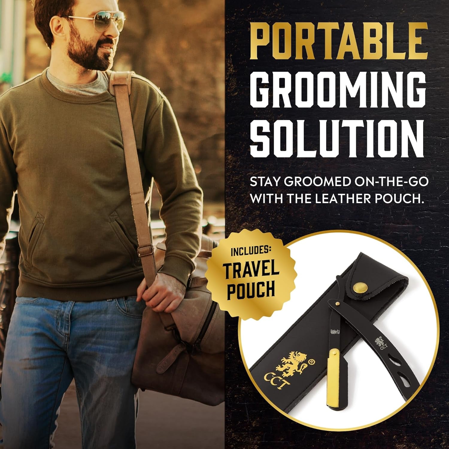 ® Cut Throat Razor Kit with Travel Pouch - Black & Gold Stainless Steel Professional Barber Single Straight Edge for Men - Moustache Shaver & Beard Shaper