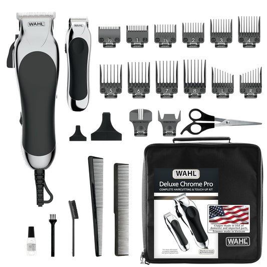 Clipper USA Deluxe Corded Chrome Pro, Complete Hair and Trimming Kit, Includes Corded Clipper, Cordless Battery Trimmer, and Styling Shears, for a Cut Every Time - Model 79524-5201M