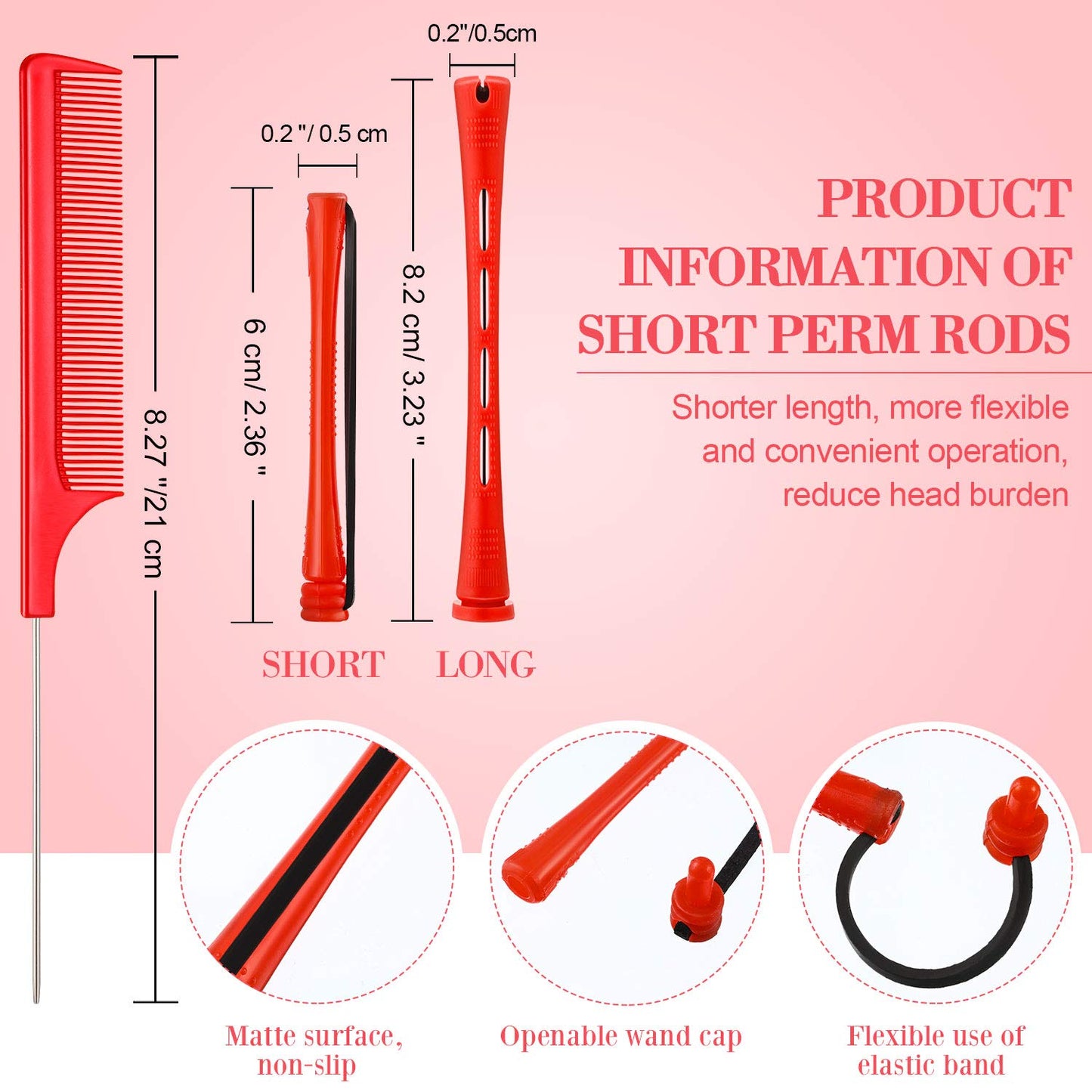 48 Pieces Hair Perm Rods Short Cold Wave Rods Plastic Perming Irons Hair Curling Rollers Curlers with Steel Pintail Comb Rat Tail Comb for Hairdressing Styling Supplies(0.2 Inch,Red)