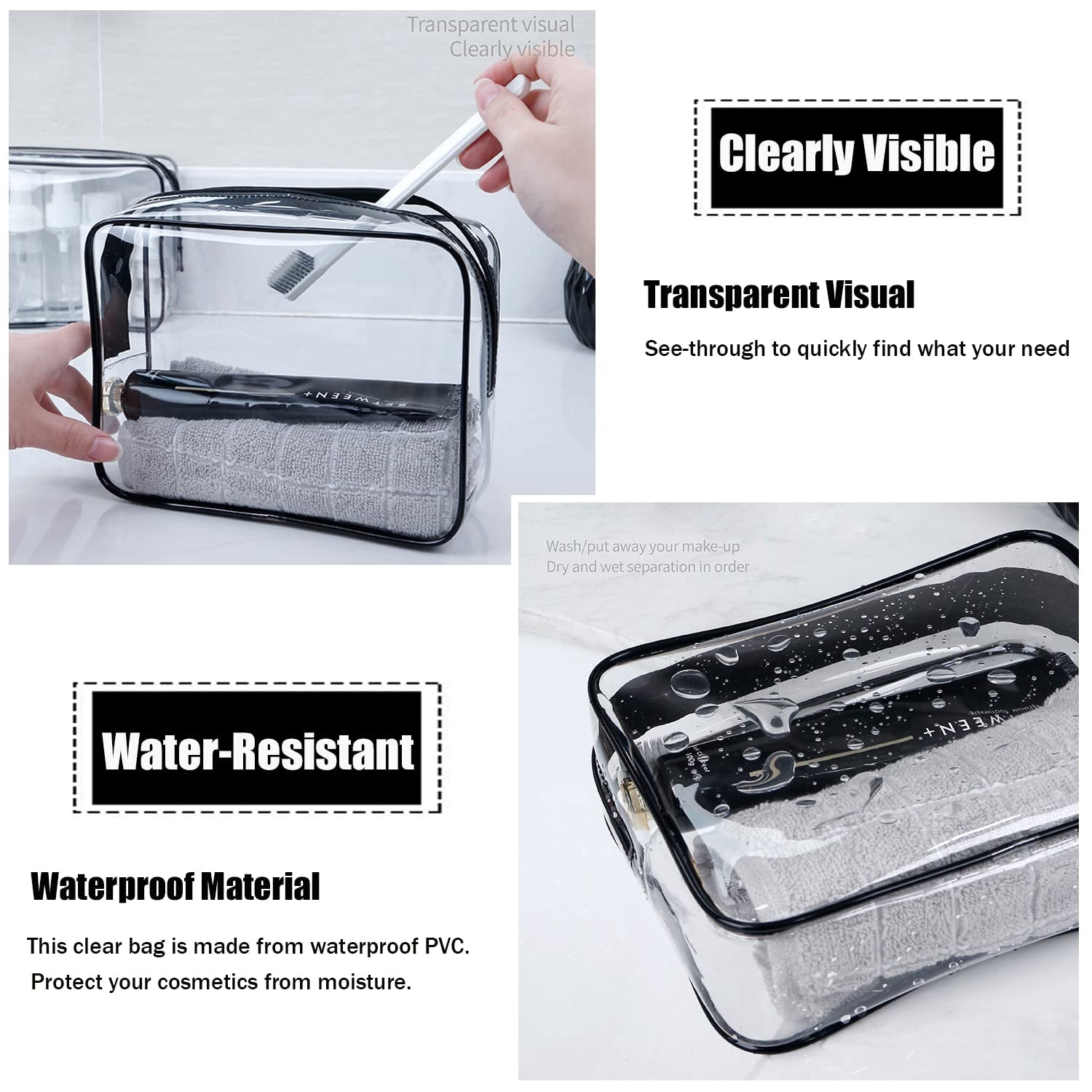 TSA Approved Toiletry Bag, 3 Pcs Clear Toiletries Bags Quart Size Travel Makeup Cosmetic Bag for Women Men, Carry on Airport Airline Compliant Bag (Black)