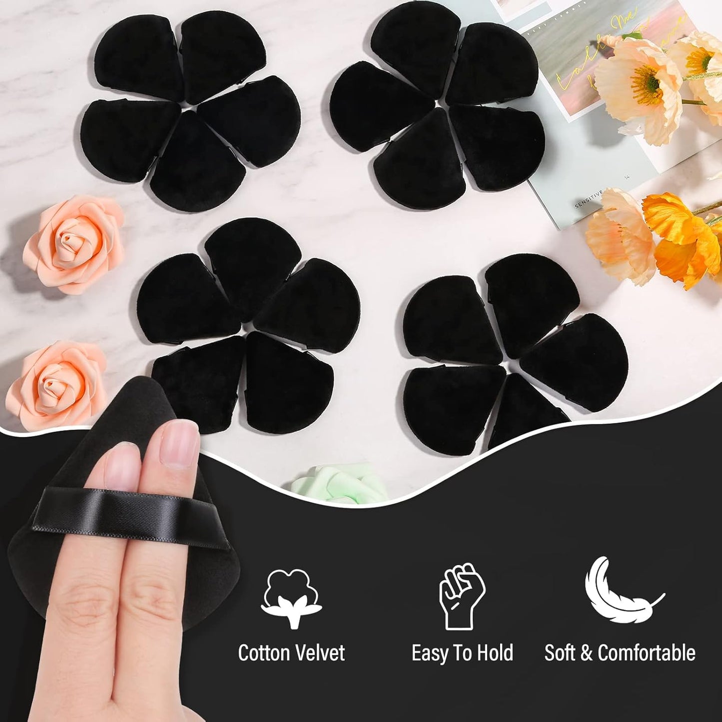 20Pcs Triangle Powder Puff, Loose Powder Puffs Makeup Puff for Face Powder, Setting Powder Puff for Make Up, Face Puff Pads for Press Powder, Sponge Powder Applicator for Face and Eye (Black)