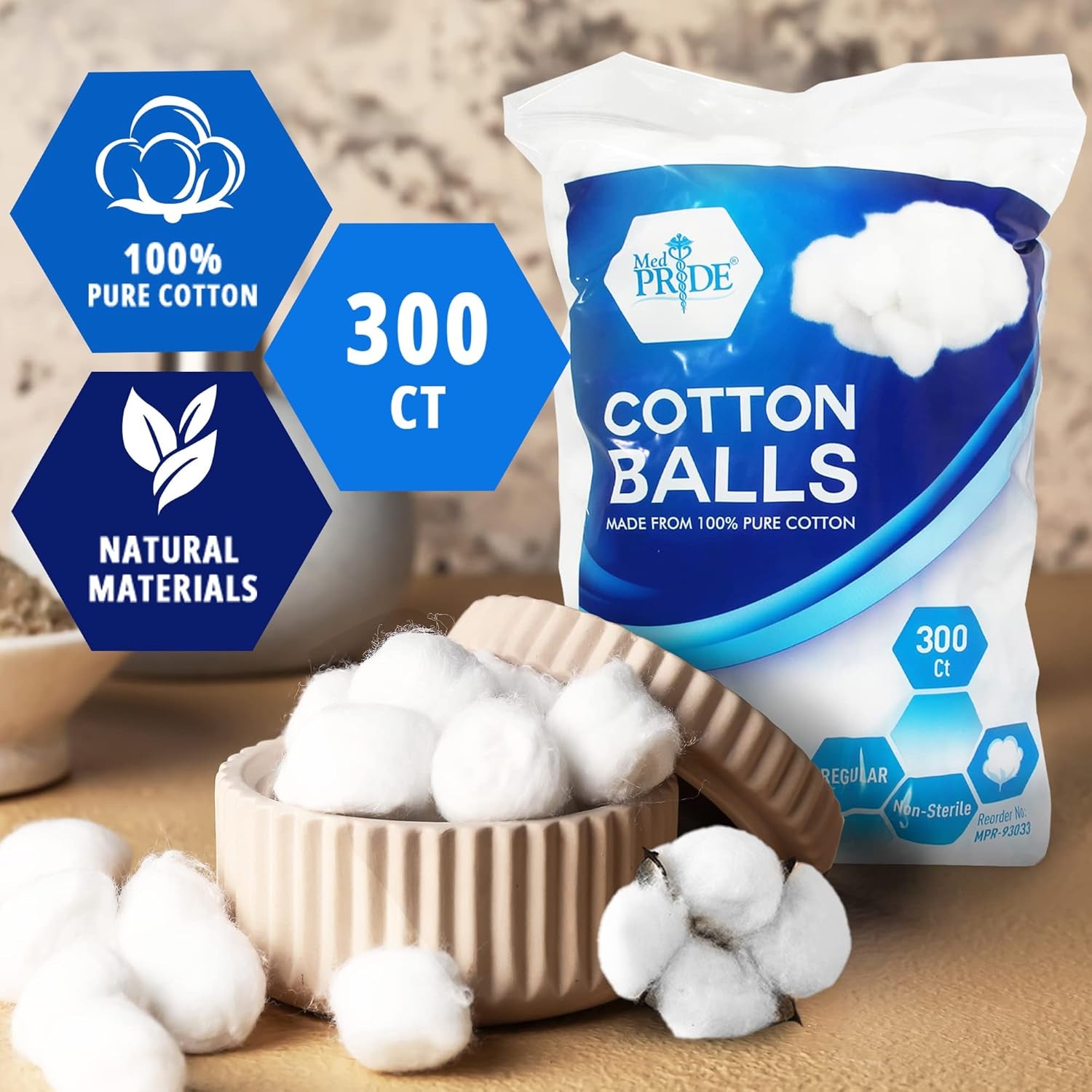 100% Pure Medical Cotton Balls Medium Size, Ultra Soft, Hypoallergenic, 300 Count, for Ears, Makeup Removal, Lotions