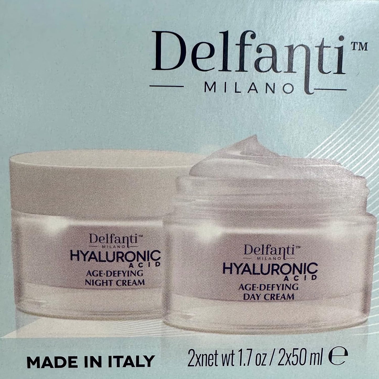 Delfanti Milano • HYALURONIC • Age Defying DUO Pack • Day + Night Creams • Face, Neck Décolleté Moisturizing Cream for Firming, Tightening and Wrinkles • Made in Italy