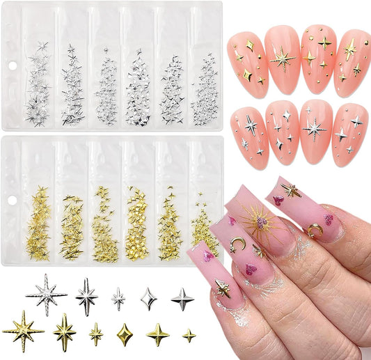 400Pcs Star Nail Charms for Nails Art 3D Gold Silver Star Nail Charms Metallic Studs Rhinestones Star Nail Jewelry Decorations Manicure Kit Nails Art Supplies Accessories for Women Girls Acrylic Nails