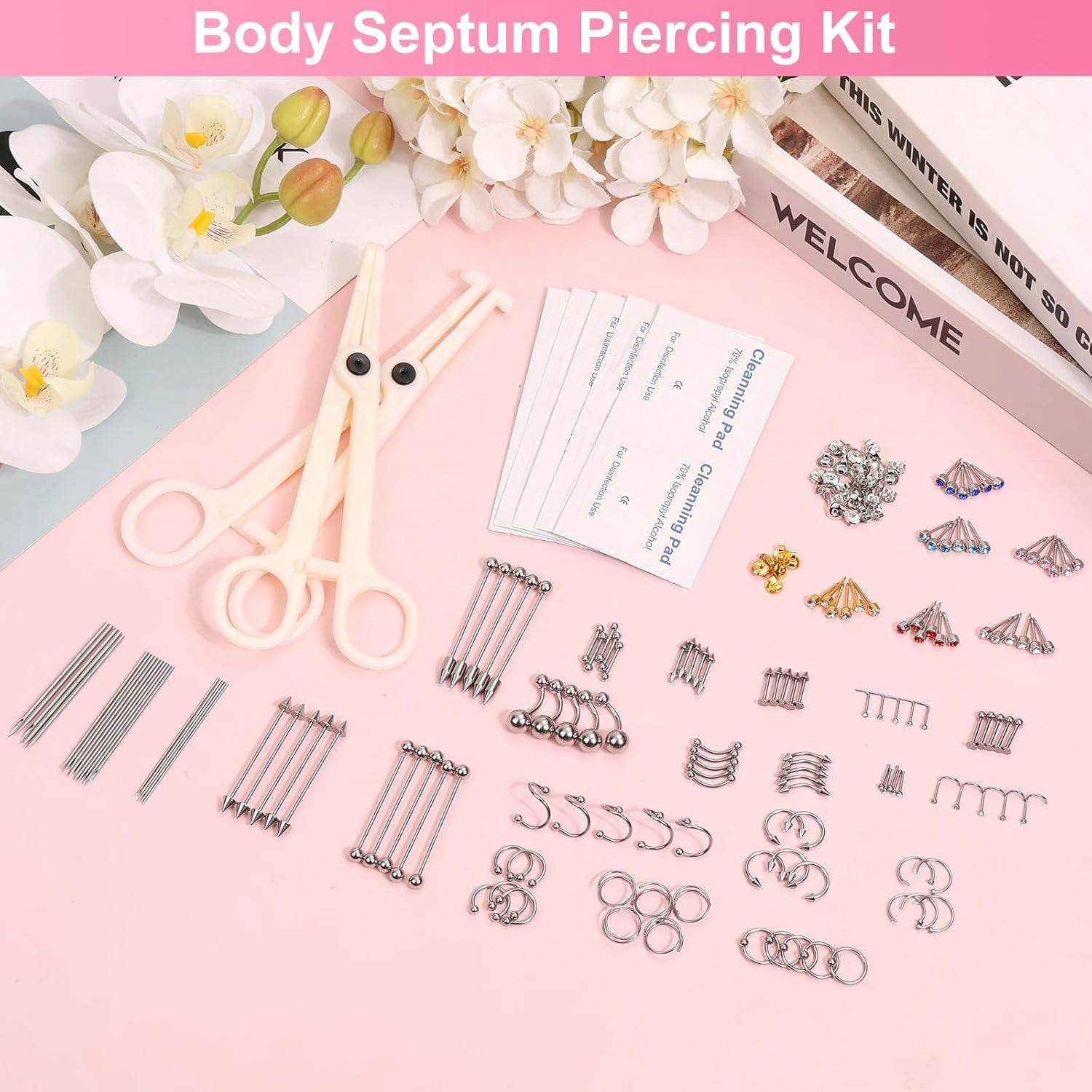 135PCS Body Septum Piercing Kit with 14G/16G/18G/20G Piercing Needles Piercing Jewelry and Tools for Ear Nose Belly Button Nipple Lip Cartilage Eyebrow Tongue Navel Piercing Kit for All Piercings