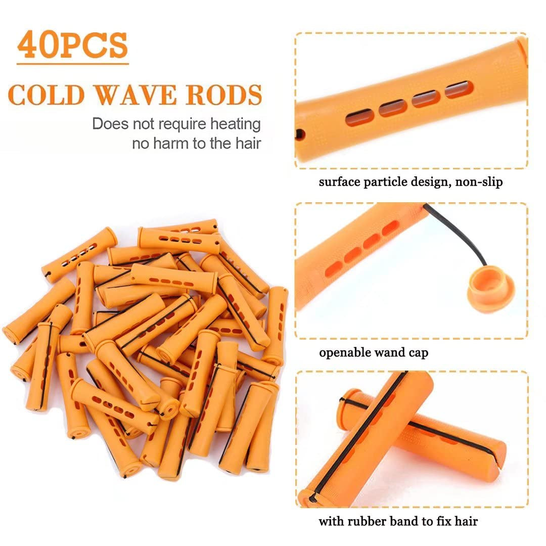 40Pcs Cold Wave Perm Rods Set for Women'S Long & Short Natural Hair - Plastic Orange Rollers for Curling and DIY Hairdressing