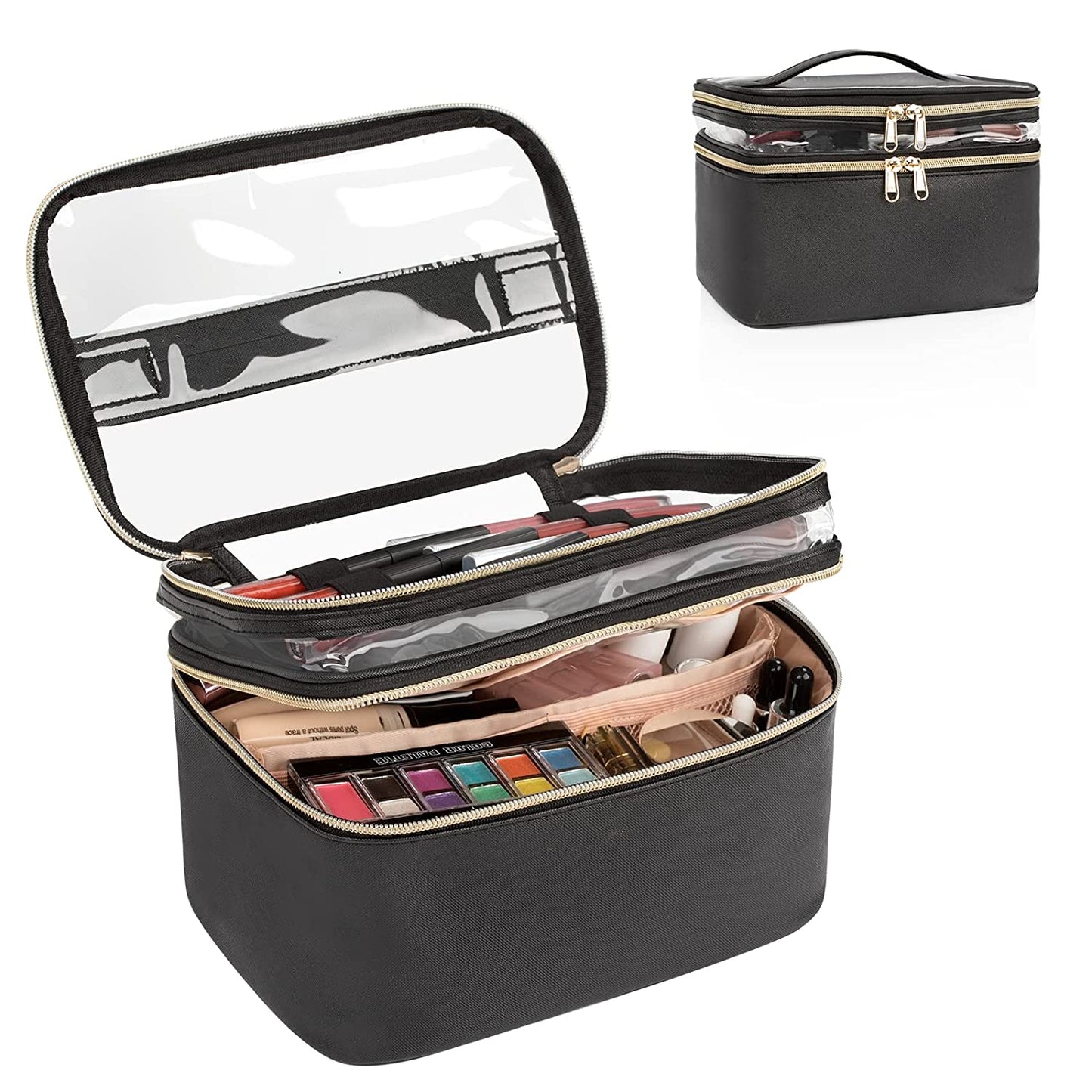 Makeup Bag, Portable Cosmetic Bag, Large Capacity Travel Makeup Case Organizer, Black for Women Toiletry Bag for Girls Traveling with Handle and Divider