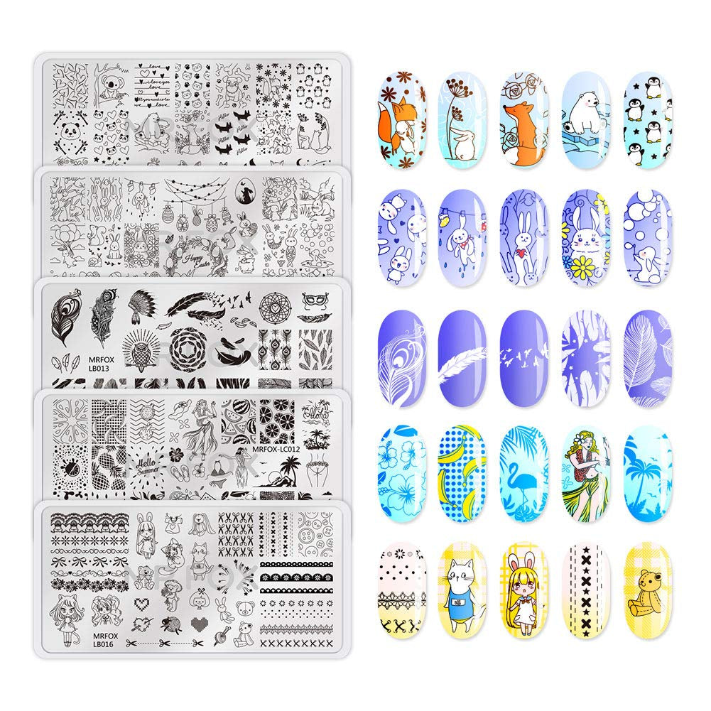 MRFOX 5 Pcs Nail Plates Stamping Set Marbled Punk Spider Web Heart Star Theme Leaf Nail Art DIY Stamping Template