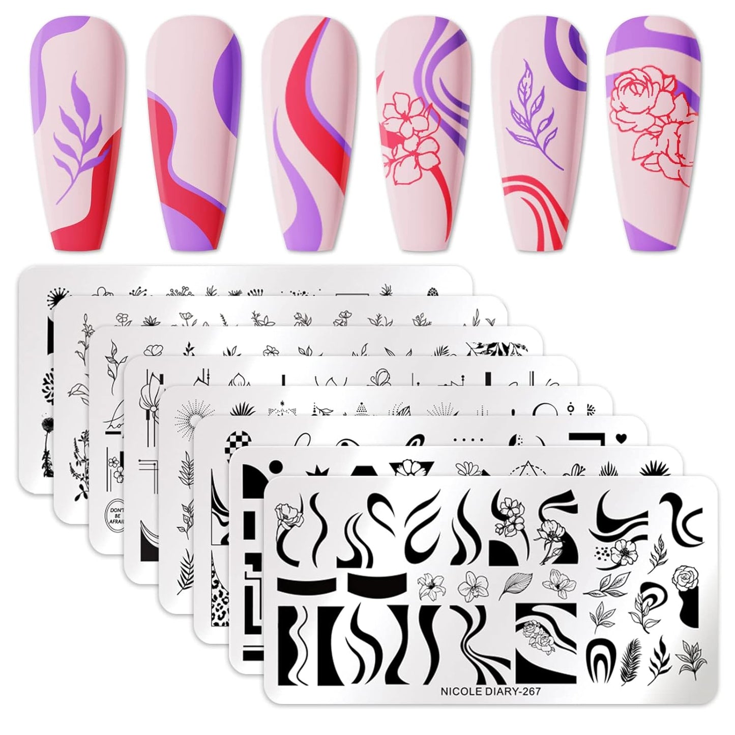 Nail Stamping Plates Set Plaid Flowers Leaves Lace Nail Art Image Plates Spring into Winter Stamp Templates Kit Image Manicuring DIY Printing Tools 8PCS