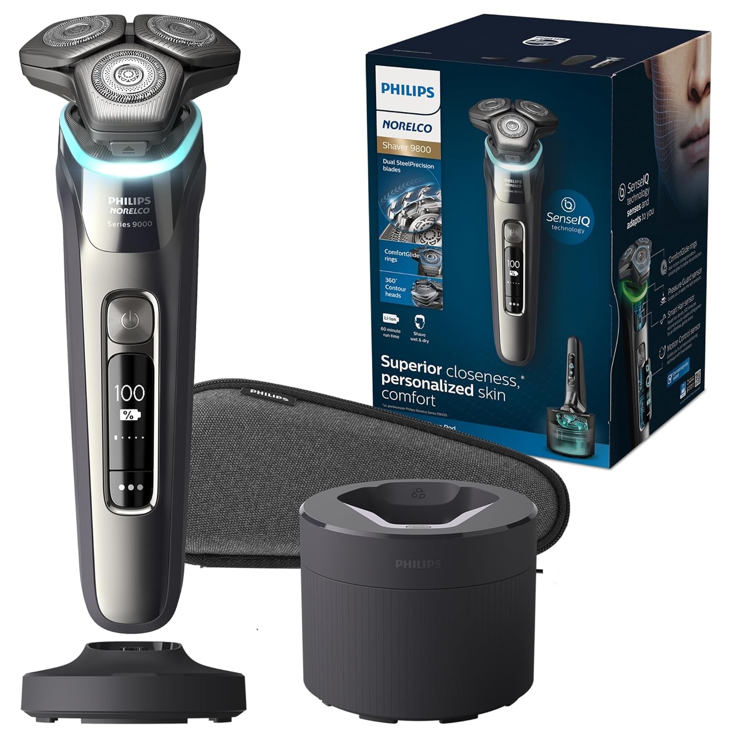 Shaver Series 9000, Wet and Dry Electric Shaver, with Lift & Cut Shaving System and Senseiq Technology, Pop-Up Trimmer, Cleaning Pod, Charging Stand and Travel Case, Model S9987/85