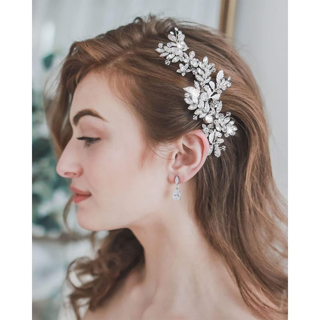 Rhinestone Wedding Hair Comb Leaf Bead Headpieces Clip Crystal Bridal Headdress Flower Accessories for Brides and Bridesmaids (Silver)