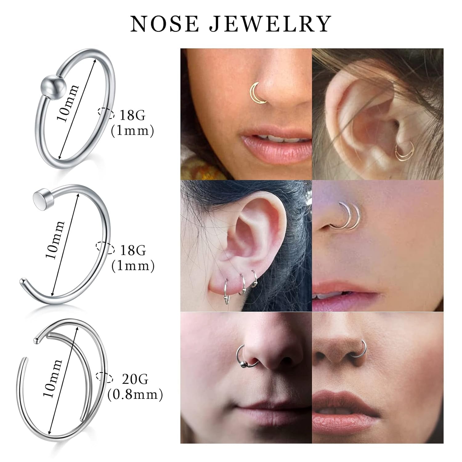 22PCS Nose Piercing Kit, Piercing Needles with 18G 20G CZ Nose Screw Studs Double Nose Rings Hoop Captive Nose Rings Stainless Steel Jewelry for Nose Septum Piercing Needles Kit