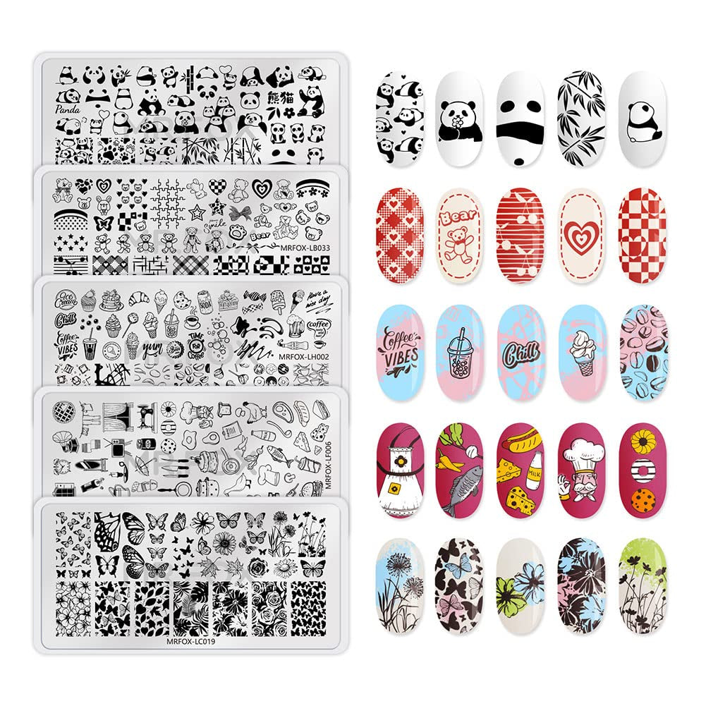 MRFOX 5 Pcs Nail Plates Stamping Set Marbled Punk Spider Web Heart Star Theme Leaf Nail Art DIY Stamping Template