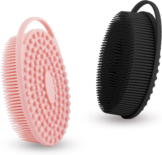 Soft Silicone Body Scrubber 2 PCS Silicone Body Shower, Silicone Loofah 2 in 1 Bath and Shampoo Brush, Body Scrubber Shower Cleaning Exfoliating Use for Sensitive Skin, Lather Well(Black and Pink)