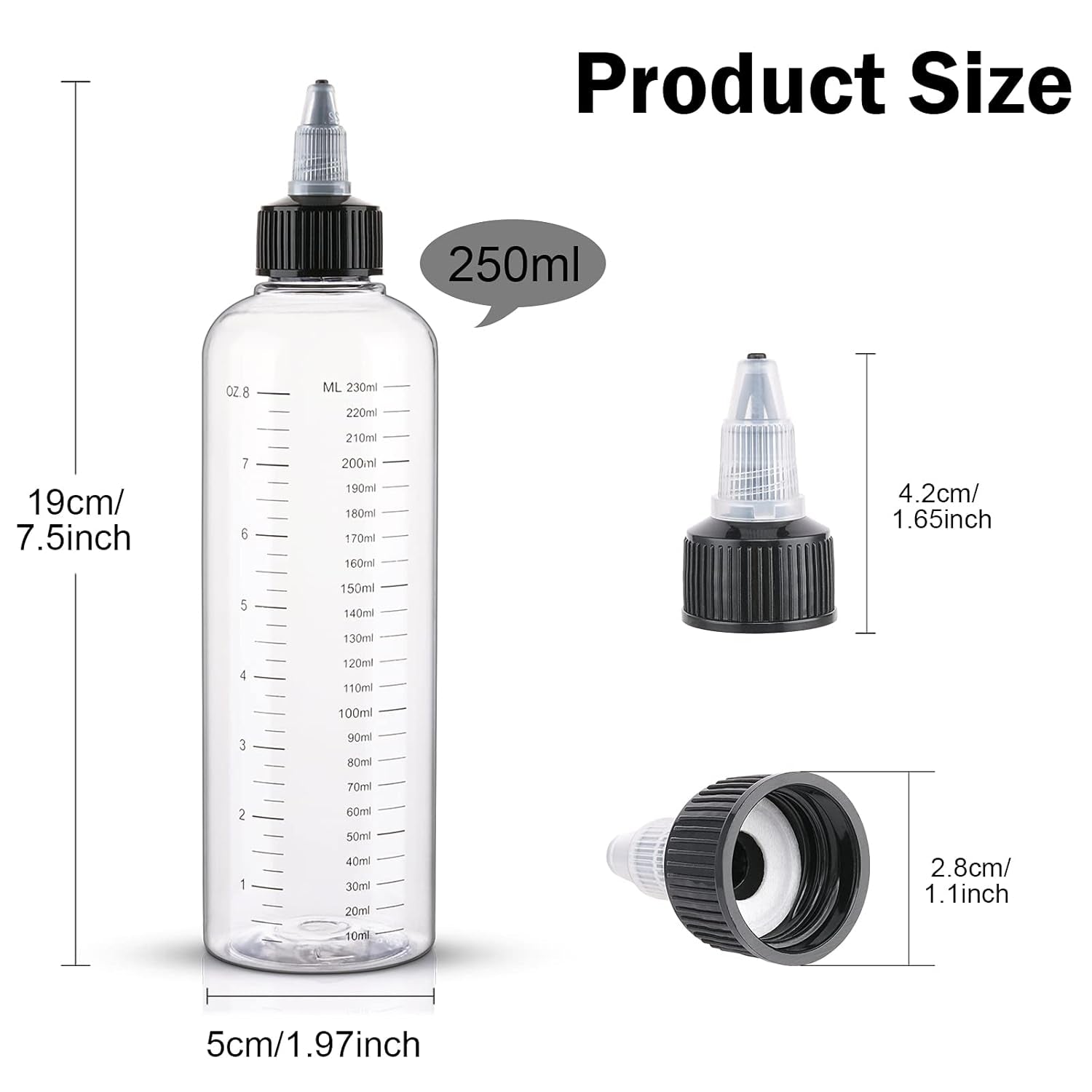 Applicator Bottle for Hair 8.5Oz 2 Pack Hair Squeeze Bottles with Graduated Scale Hair Dye Applicator Bottle Twist-On Top Tip Cap Empty Plastic Hair Color Oil Bottle