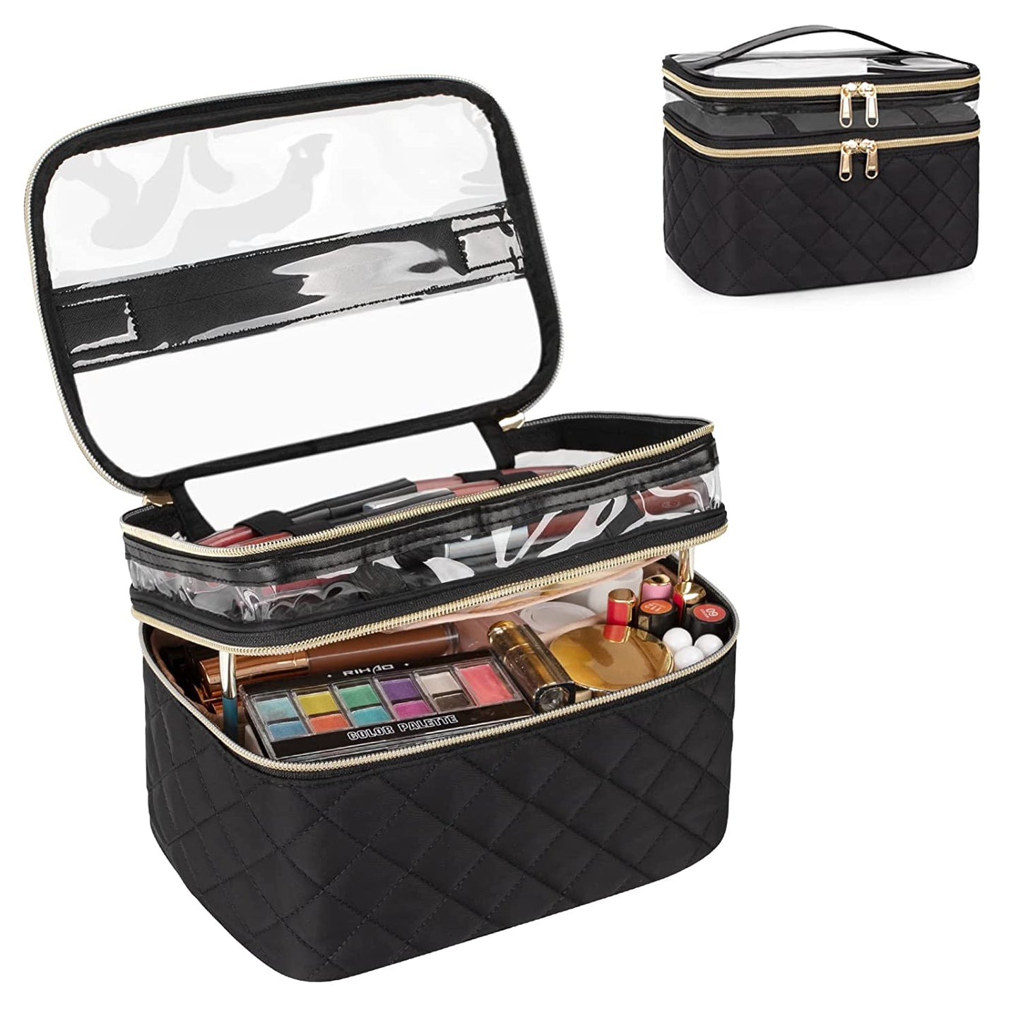 Makeup Bag, Portable Cosmetic Bag, Large Capacity Travel Makeup Case Organizer, Black for Women Toiletry Bag for Girls Traveling with Handle and Divider