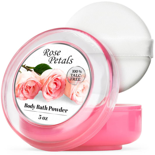 Body Powder for Women with Powder Puff, 100% Talc-Free, Elegant Rose Petals Scented Dusting Powder, after Bath for Soft Skin, Extra Large, 1 Pack (5Oz)