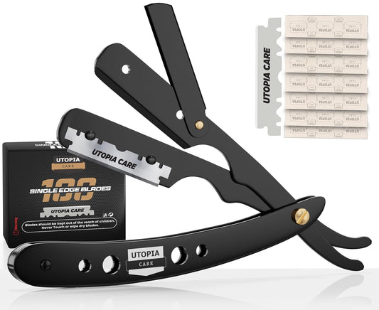 Professional Barber Straight Edge Razor Safety with 100-Pack Blades - 100 Percent Stainless Steel (Black)