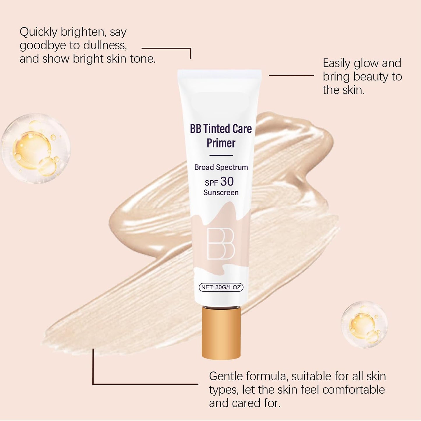 BB Tinted Moisturizer SPF 30, BB Tinted Care Primer, BB Tinted Care Primer with Brush, Full Coverage Light-Medium Skin Color Hydrating & Smoothing(Natural*2 with Brush)