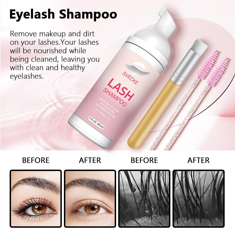 Lash Shampoo Kit for Eyelash Extension, Eyelash Shampoo 2 Fl.Oz / 60Ml, Eyelash Extension Cleanser, Lash Eyelid Foam Cleaning Kit for Salon Use and Home Use (Peach)