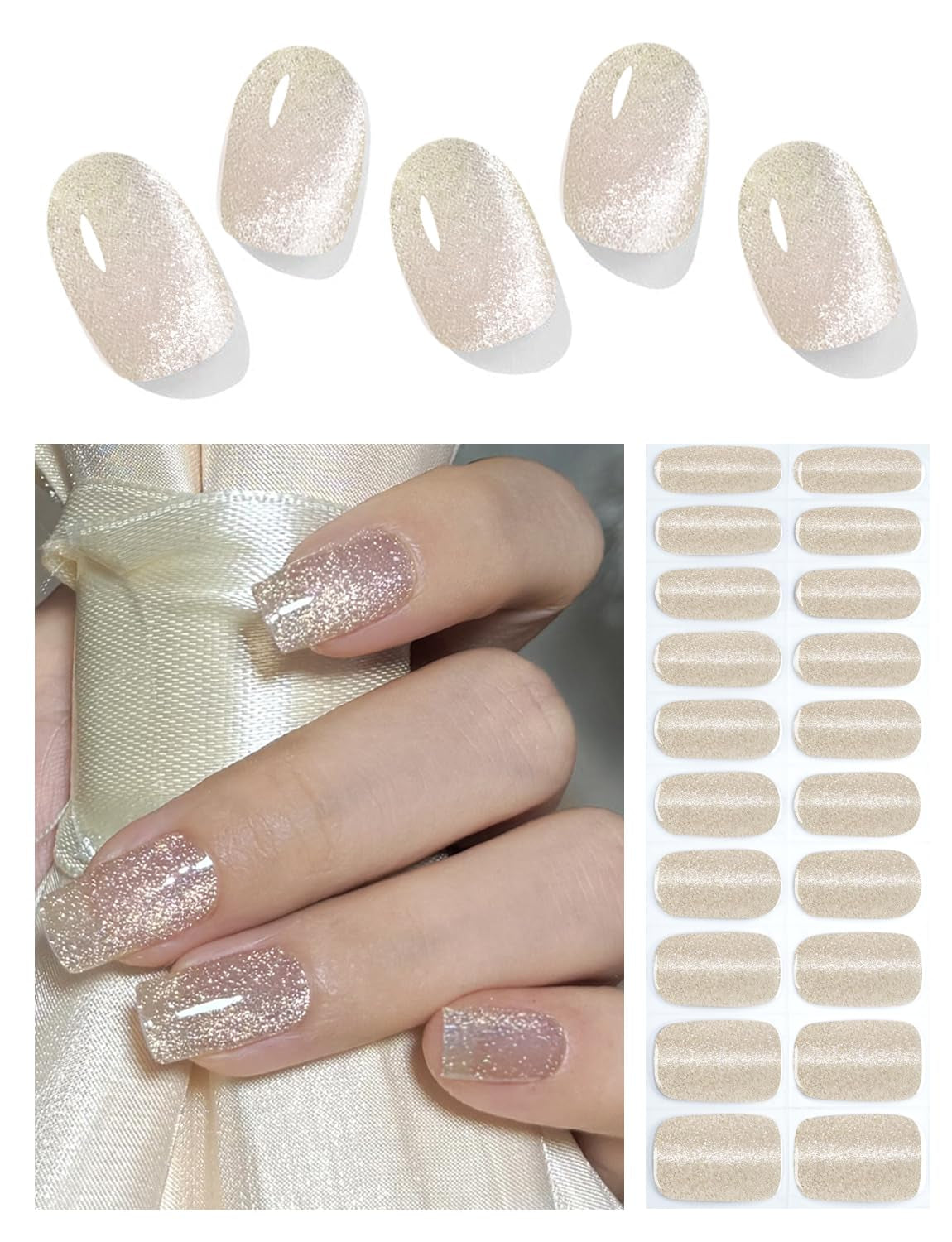 Semi Cured Gel Nail Strips, Nude Cat Eye Gradient 20Pcs Semi Cured Gel Nails Sticker, Gel Nail Wraps UV for Home Nails DIY