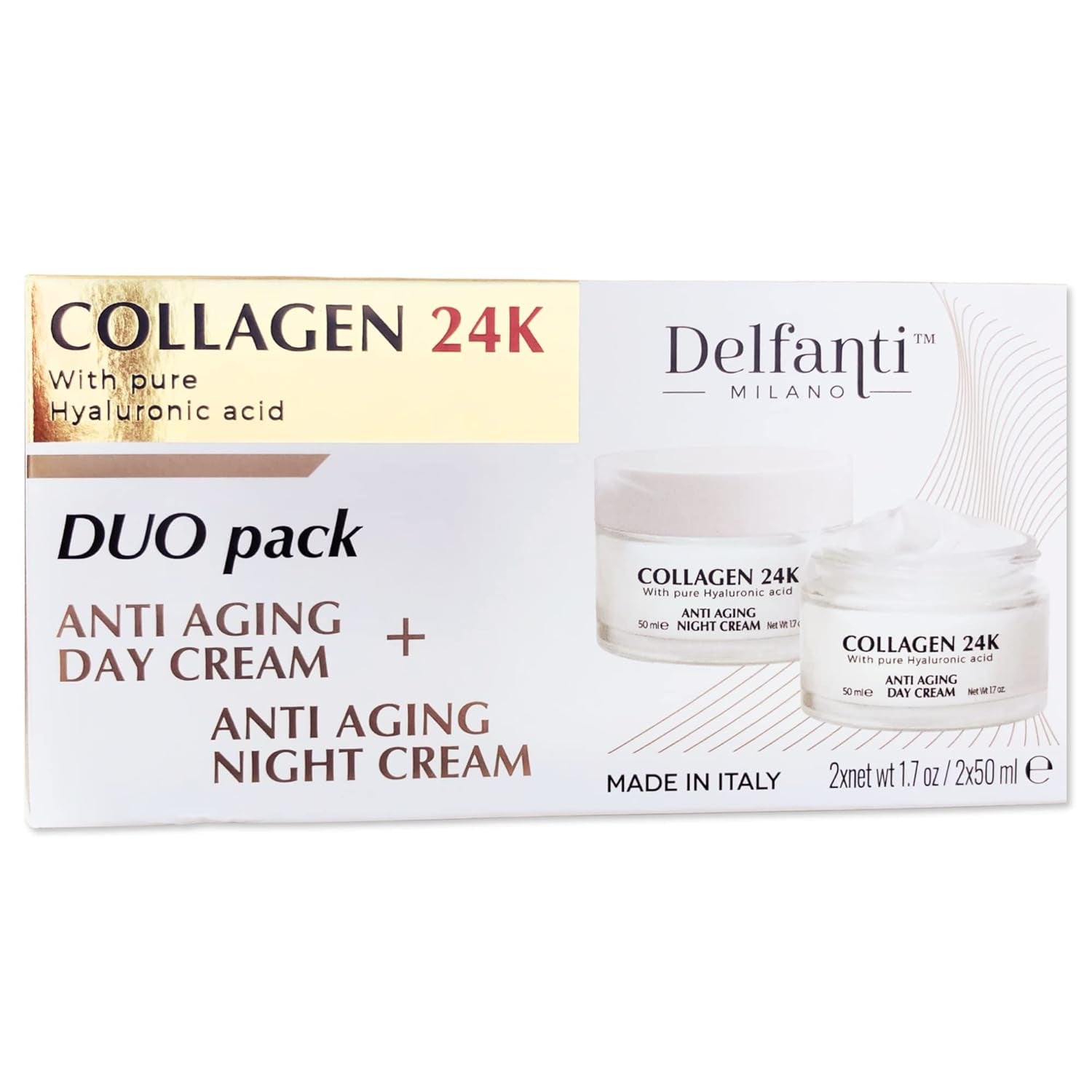 Delfanti • COLLAGEN 24K • Anti-Aging DUO Pack • Day Cream Jar plus Night Cream Jar• Face, Neck and Décolleté Moisturizers with Pure Hyaluronic Acid • Made in Italy