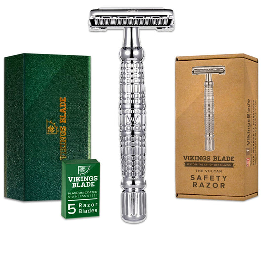 Double Edge Safety Razor for Men + 5 Swedish Steel Blades + Luxury Case. Long Handle. Smooth, Reusable, Eco-Friendly (The Vulcan)