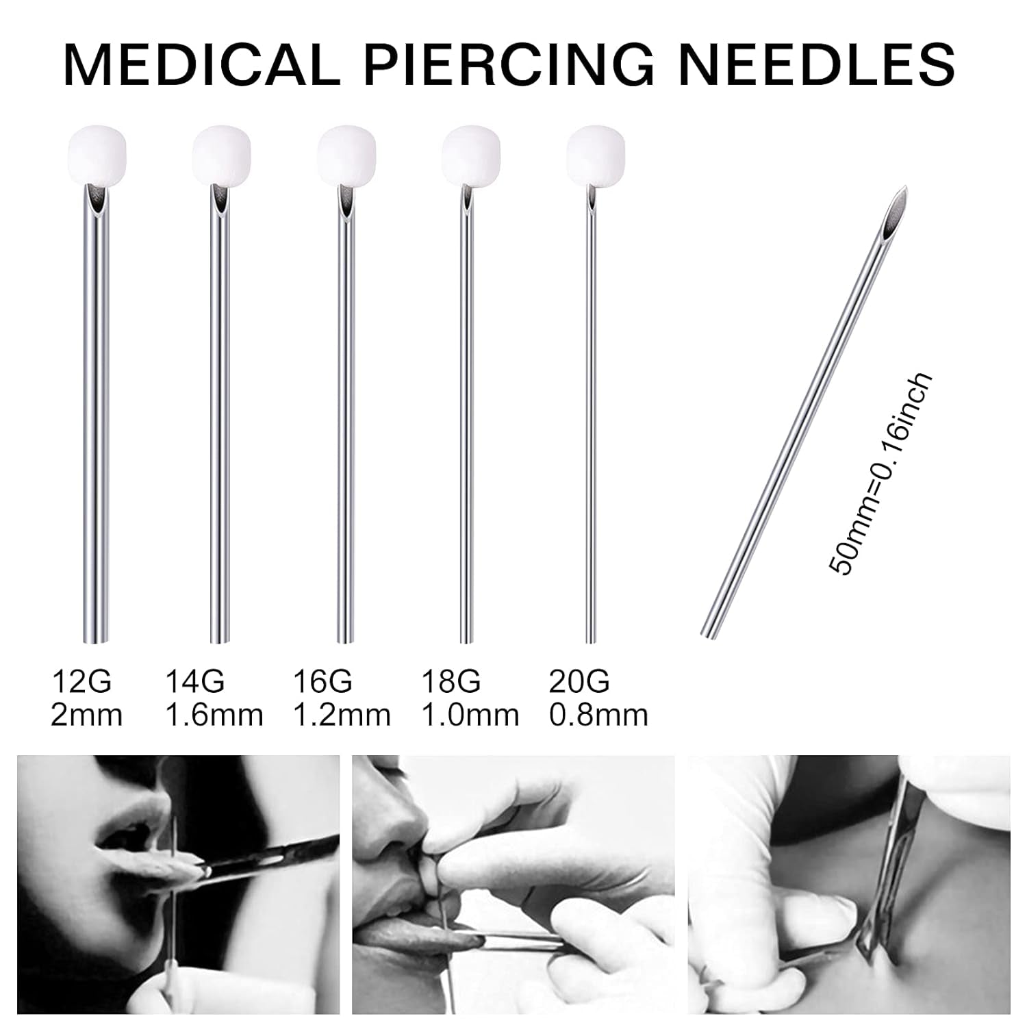 25PCS Mixed Body Piercing Needles, 12G 14G 16G 18G 20G Disposable Sterile Stainless Steel Piercing Needles for Ear Nose Navel Belly Nipple Tongue Lip Piercing