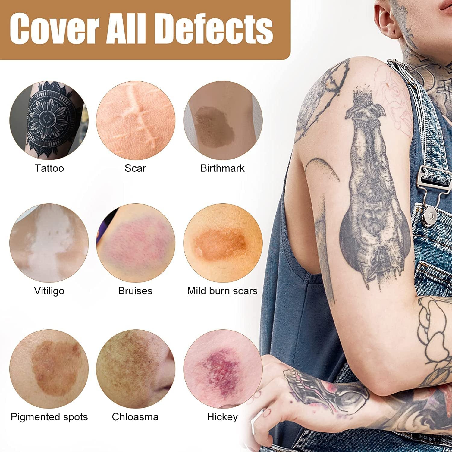 Tattoo Cover up Makeup Waterproof, Tattoo Concealer, Waterproof and Sweatproof, Suitable for Scars, Spots and Vitiligo, 2 Colors