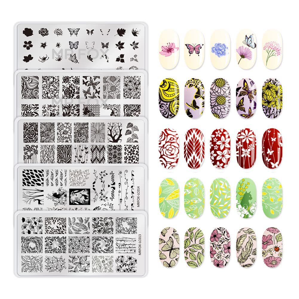 MRFOX 5 Pcs Nail Plates Stamping Set Marbled Punk Spider Web Heart Star Theme Leaf Nail Art DIY Stamping Template