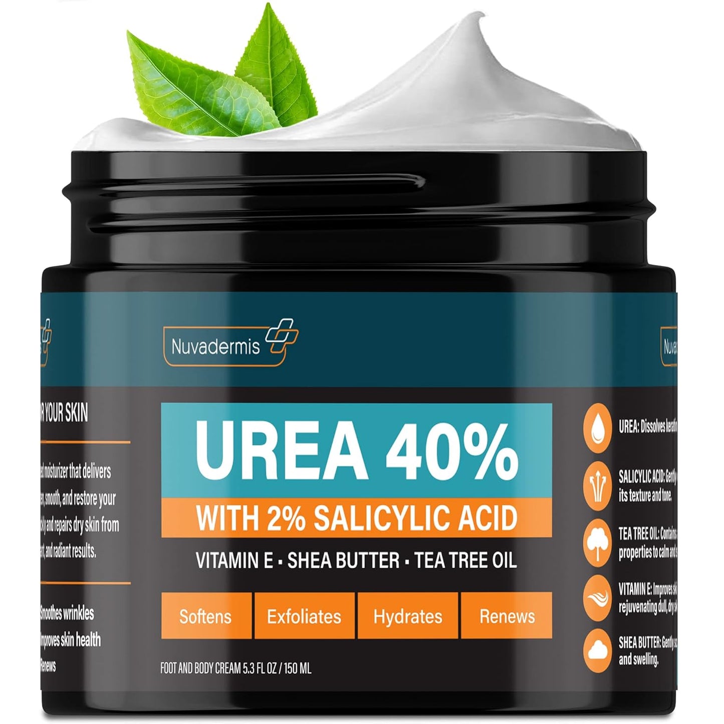 Urea Cream 40 Percent for Feet - 40% Urea Foot Repair Lotion - Maximum Strength for Dry Cracked Heels - 2% Salicylic Acid, Shea Butter, Tea Tree Oil, Vitamin E - 5.29 Oz Jar