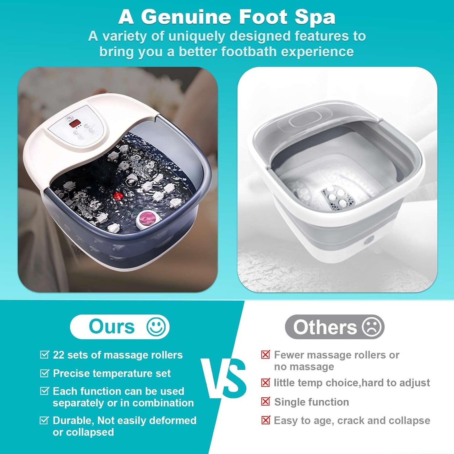 Foot Spa Bath Massager with Heat [2025 Upgraded], Vibration, Temperature Control, Jets, Bubbles, Epsom Salt and Red Light, Foot Soaker with 22 Massage Rollers, Foot Bath for Relaxation, Large, Grey