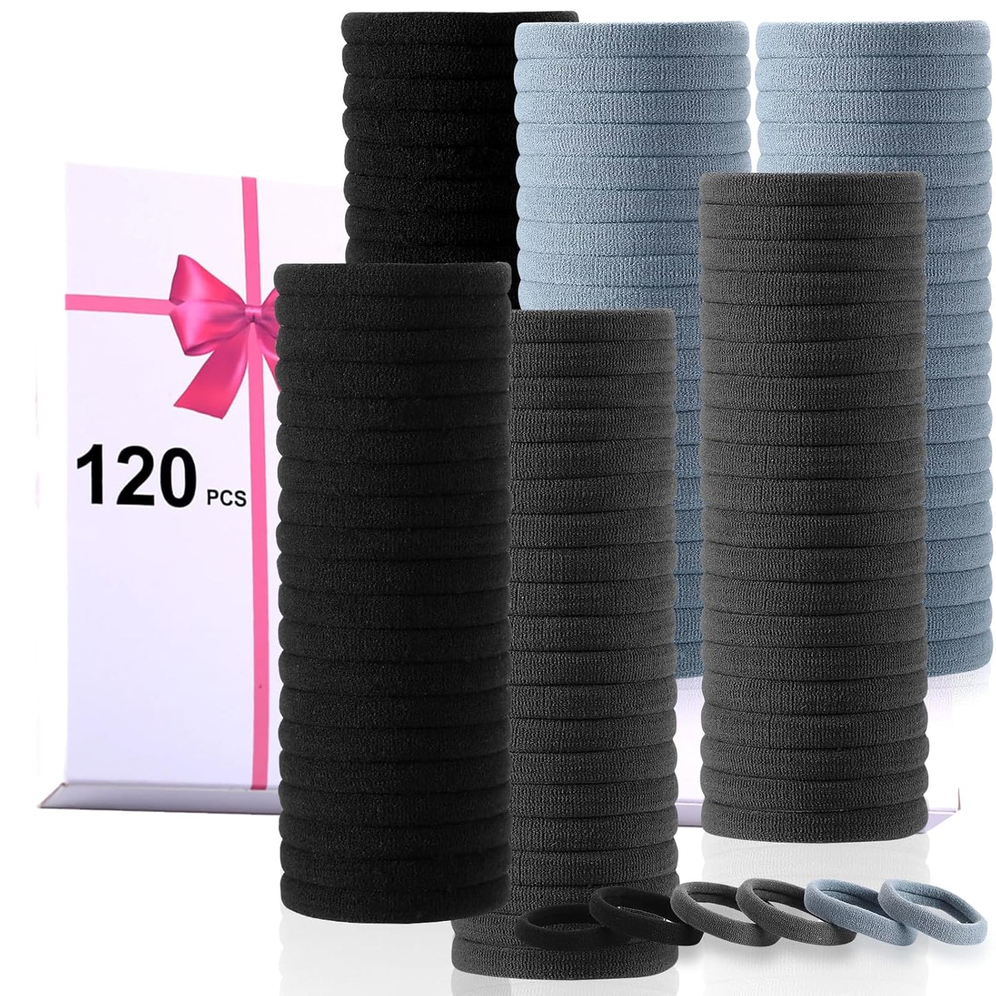 120 Pcs Black No Damage Hair Ties for Women Thick Hair, Large Soft Seamless Nylon Cloth Fabric Elastic Hair Ties Ponytail Holders Hair Elastics Hair Band,Perfect Valentine'S Day Gift for Women