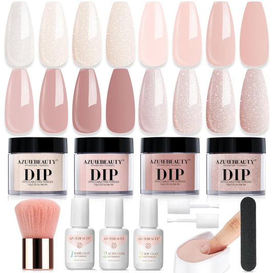 Dip Powder Nail Kit Starter, All Season Nude Skin Glitter 4 Colors Dipping Powder Liquid Set Recycling Tray with Base & Top Coat Activator for French Nail Art Manicure Salon DIY at Home.