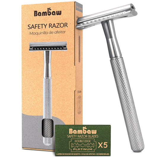 Double Edge Safety Razor for Men & Women, Metal Razor with 5 Double Edge Safety Razor Blades, Eco-Friendly Razor – Silver