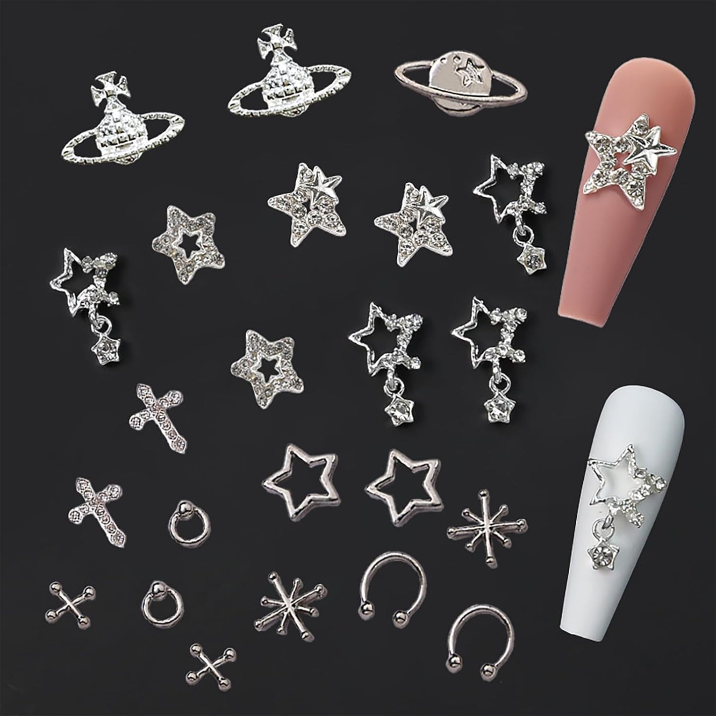 110PCS Star Nail Charms for Acrylic Nails,Silver Star Planet Cross Alloy Nail Art Decoration, Nail Stones Nail Jewels Accessories for Nail Art Supplies Manicure Craft DIY