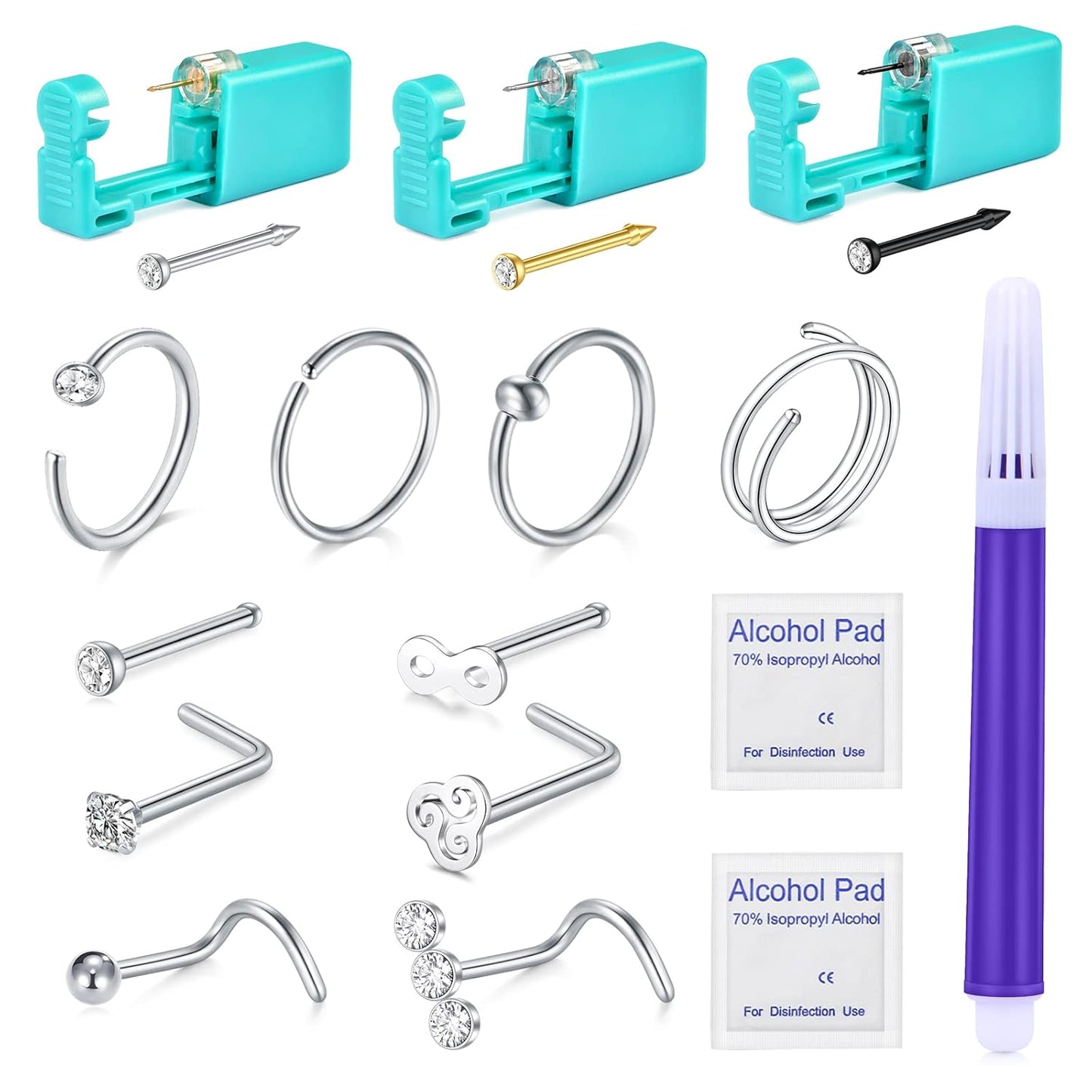 22PCS Nose Piercing Kit, Piercing Needles with 18G 20G CZ Nose Screw Studs Double Nose Rings Hoop Captive Nose Rings Stainless Steel Jewelry for Nose Septum Piercing Needles Kit