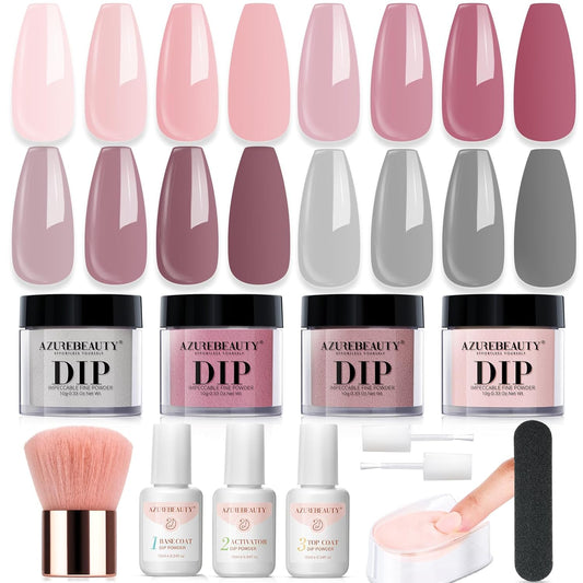 Dip Powder Nail Kit, 4 Colors Gentle Nude Pink Neutral Skin Dipping Powder System Liquid Set Recycling Tray with Base & Top Coat Activator for French Nail Art Manicure Salon DIY at Home