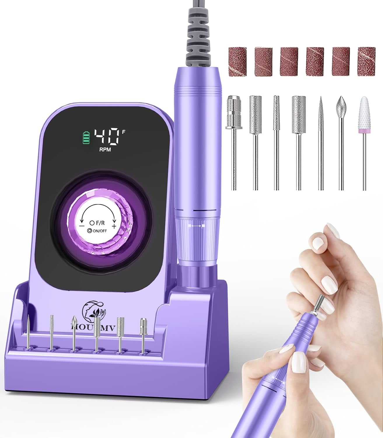 Portable Nail Drill Electric File: 40000RPM Professional Rechargeable Nail E-File Machine, Cordless Nail Drill with Bits & Base for Acrylic Nails Remove Nail Gel Polish Manicure for Salon Home, White